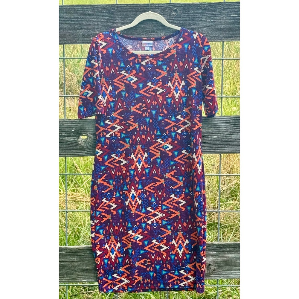 LuLaRoe Julia Dress XL Purple Orange Blue Geometric Tribal Print Short Sleeve